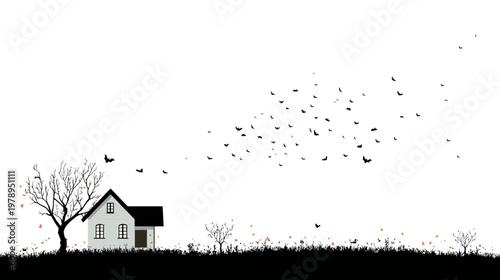 Minimalist illustration of a white house with a flock of birds flying away