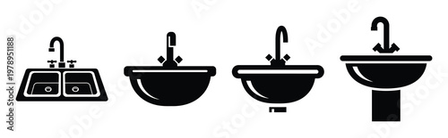 sink silhouette simple icon set, black color and white background