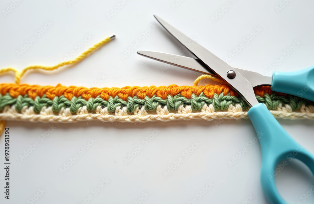 Obraz premium Close-up view of colorful crochet stitches being cut by blue scissors on white background. Yarn craft hobby project in progress, detail of handmade textile.