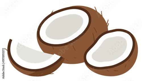 Fresh coconut pieces split open on white background