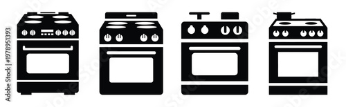 stove silhouette simple icon set, black color and white background