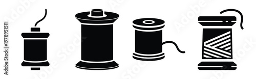 thread silhouette simple icon set, black color and white background