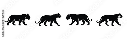 tiger silhouette simple icon set, black color and white background