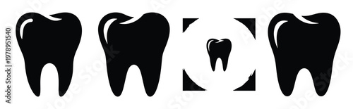 tooth silhouette simple icon set, black color and white background