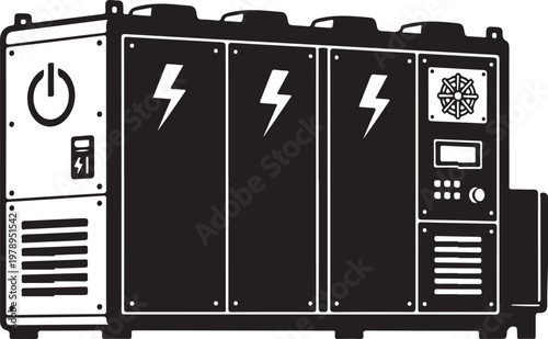 Electric power generator, industrial electrical equipment, black and white vector, lightning bolt symbol, power supply unit