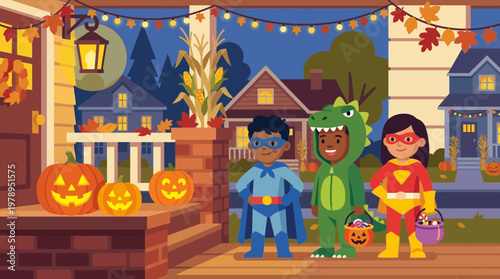 Children in Halloween costumes trick or treating at night