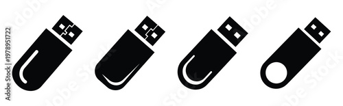 usb drive silhouette icon set, black color and white background