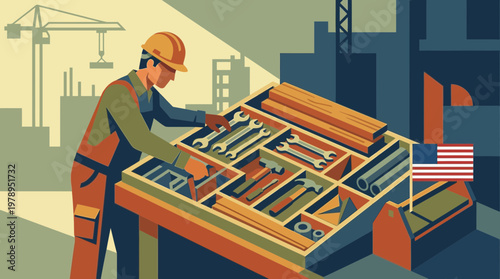 Construction Worker with Tool Box and American Flag Illustration