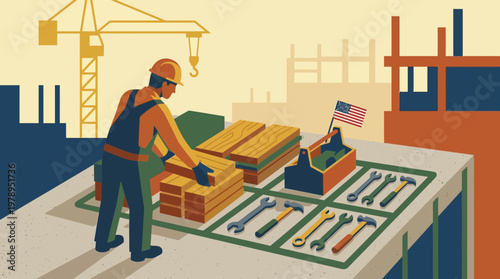 Construction worker at a building site with tools and American flag