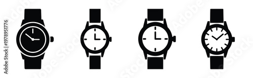 watch silhouette simple icon set, black color and white background