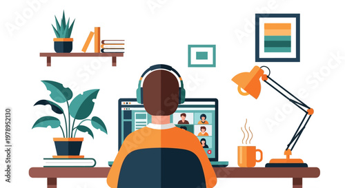 Person working remotely from home on laptop using video conferencing software and wearing headphones at a desk with plants and lamp