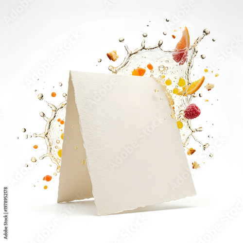 Blank folded card with fruit splash in the background.