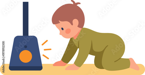 A young boy cautiously approaches a fall sensor device, illustrating child safety. Bright colors and a clear composition highlight the protective feature. Ideal for illustrating safety awareness.