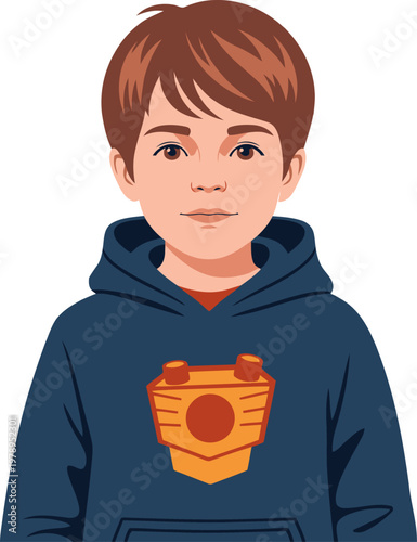 A young boy in a superhero hoodie and emblem stands confidently.  Bright, stylized illustration. Perfect for children's products and hero themes.