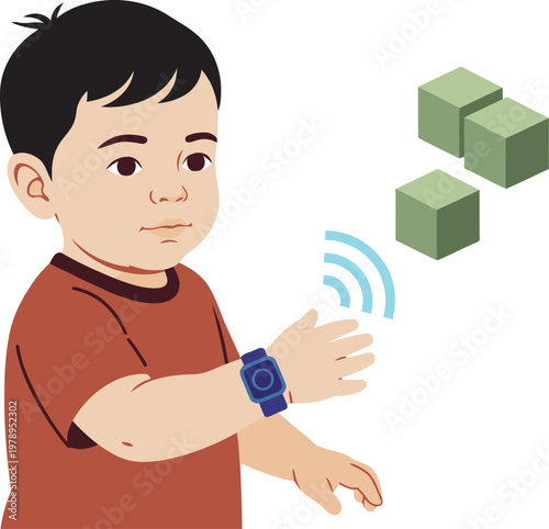 A young boy wears a smartwatch with a sensor, illustrating child safety technology. A graphic shows a signal radiating from the watch. Modern illustration style.