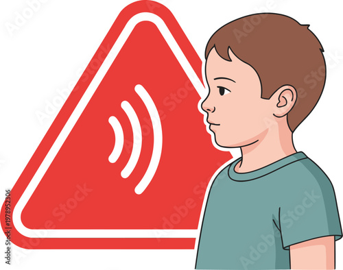 A young boy reacts to a proximity sensor warning sign. Clear, focused image with a child and safety alert. Suitable for digital displays and educational materials.
