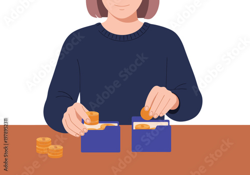 A young woman carefully organizes coins in a wallet, symbolizing financial planning. A clean, modern illustration with a focus on budgeting and digital assets.