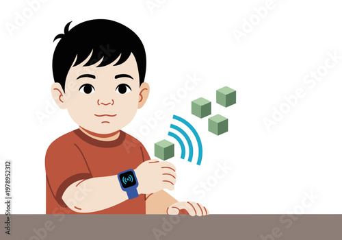 A young boy wears a smartwatch with sensors, illustrating child safety technology. Clean, modern illustration. Focus on wearable safety.