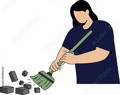 A woman cleans digital transaction data with a broom, symbolizing data cleanup. Modern, graphic illustration with a clean aesthetic.