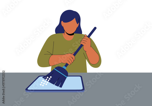 A woman cleans a digital tablet with a brush, symbolizing data organization and transaction cleanup. Clean, modern illustration.