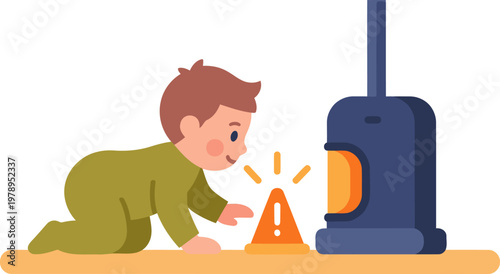 A cute boy explores a fireplace with a fall sensor safety alert. Bright, playful illustration. Perfect for safety campaigns and children's products.