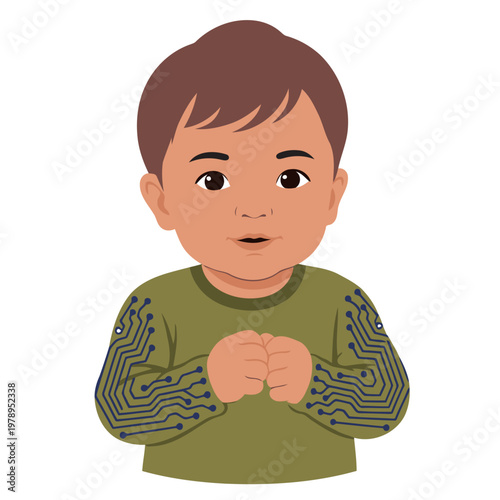 A cute toddler wears smart clothing with fall sensor technology. The image showcases innovative wearable tech for child safety. Clean, modern illustration.