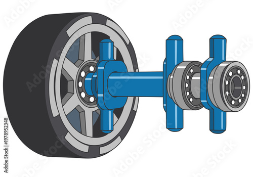 Detailed illustration of a toy car wheel axle. Clean, modern design with blue accents and a gray wheel. Perfect for tech, automotive, or educational visuals.