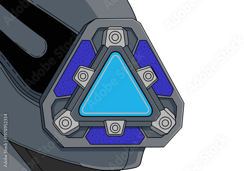 Detailed close-up of a futuristic core lens suit detail featuring a blue lens and metallic accents. Modern, technological, and visually striking.