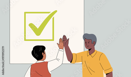 A diverse mentor and student celebrate success with a high-five against a white background. Modern illustration style, vibrant green checkmark, positive interaction.