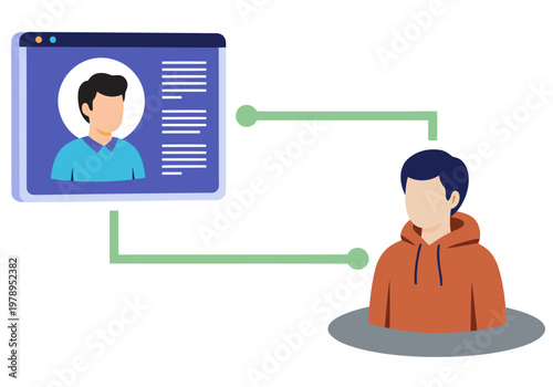 A digital illustration depicts a virtual learning connection. A man in a hoodie interacts with a student via a laptop screen, showcasing remote education. Modern, clean design.