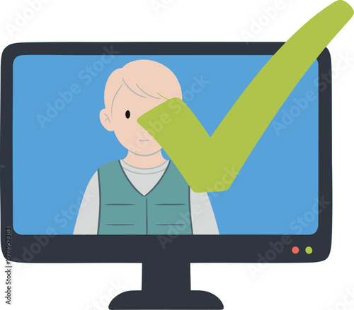A digital monitor displays a child's face with a green checkmark, symbolizing child safety success. Clean, modern illustration style.