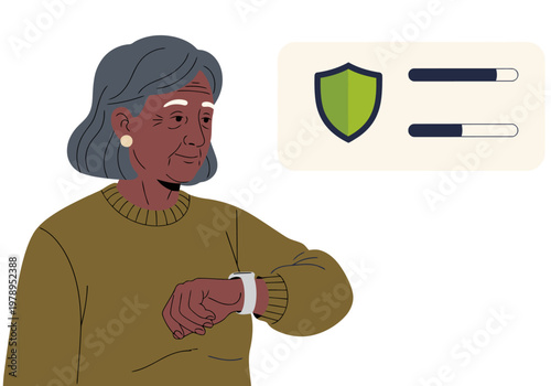 An elderly woman wears a smartwatch, symbolizing senior privacy. A shield icon overlays data, highlighting digital protection. Warm, inviting background.