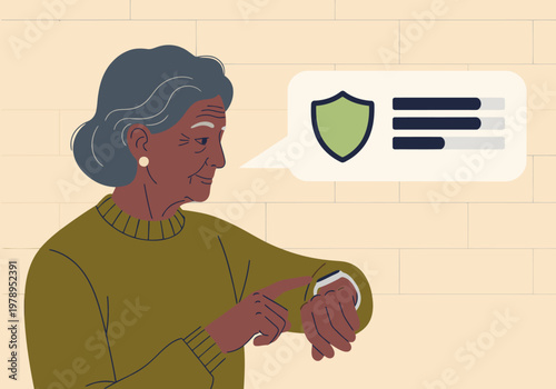 An elderly woman checks her smartwatch, focused on senior privacy data. A shield icon appears in a speech bubble. Warm colors and a soft style create a comforting visual.