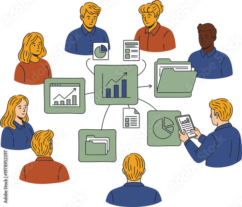 Diverse team collaborates around financial data visualizations. Modern, bright workspace showcases teamwork and data analysis. Professional setting, clear composition.