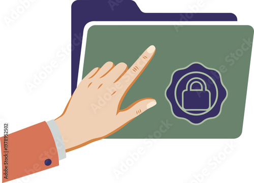 A hand interacts with a secure folder icon, symbolizing privacy and data protection. Modern, flat design with a muted color palette. Ideal for digital marketing and security concepts.