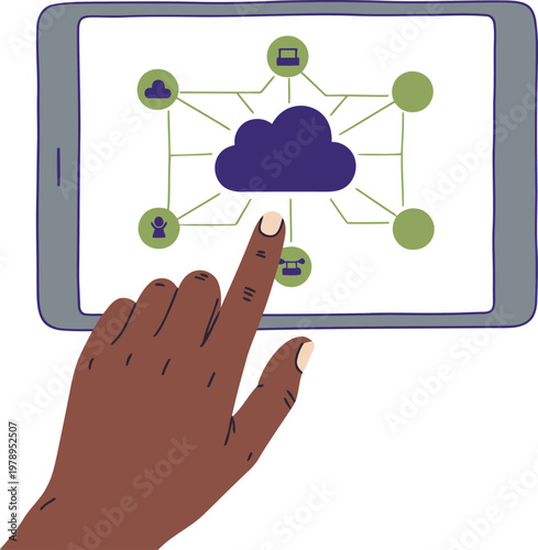A hand interacts with a tablet displaying a cloud monitoring system for nursery safety. Modern, digital illustration with a soft color palette. Focus on technology and child wellbeing.