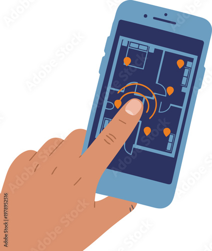 A hand interacts with a smartphone displaying a floor plan interface for a child safety app. Clean, modern design. Focus on digital security.