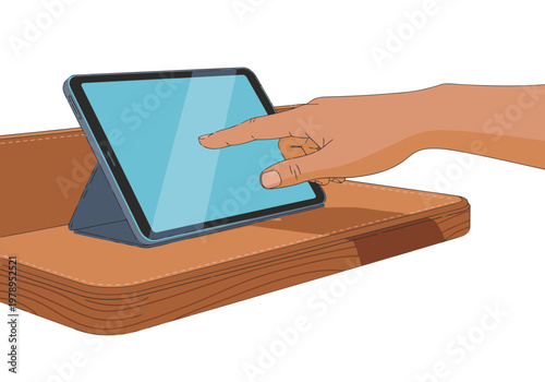 A hand interacts with a tablet in a leather case. Modern design, clear touch screen, stylish accessory. Perfect for tech and lifestyle visuals.