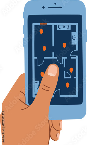 A hand interacts with a safety app interface showing a child's location map. Clean, modern design. Focus on child safety technology.