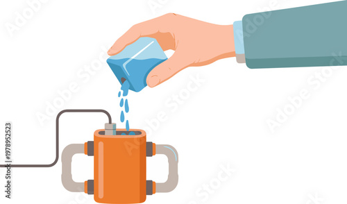 A hand pours water into an electrolyzer device. The device is connected to a power cable. Clean, modern illustration for technology and sustainability concepts.