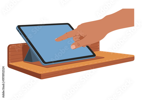 A hand interacts with a tablet on a leather ledge. Modern design, showcasing tablet productivity and a stylish workspace. Ideal for tech and lifestyle visuals.
