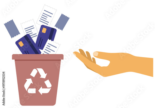 A hand throws credit cards and receipts into a recycling bin, symbolizing transaction recycling and finance management. Modern, illustrative style.