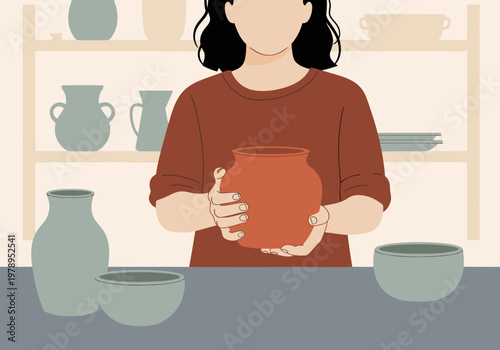 A woman holds a pottery vessel, showcasing artisan pottery. Warm tones and a simple display create a visually appealing composition for commercial use.