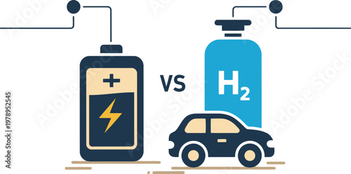Illustration comparing battery electric vehicles and hydrogen fuel cell vehicles It highlights key differences like zero gradient blur and shadow showcasing battery and hydrogen tank alongside a car