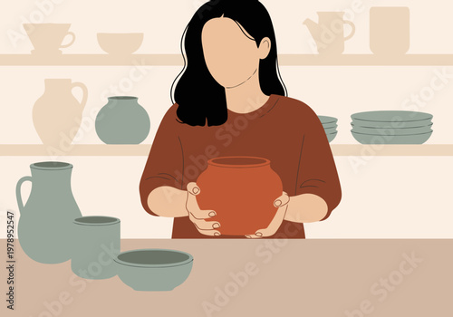 A woman holds a pottery jar, admiring an artisan pottery display. Warm tones and a focused expression create a visually appealing scene.
