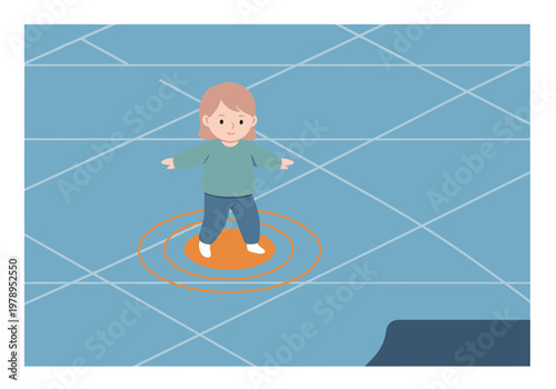 Illustration depicts a child falling, surrounded by a detection circle. Clear floor sensor fall detection graphic. Bright, modern style.