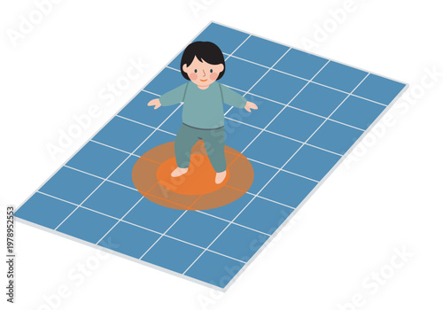 Illustration depicts a child standing on a floor sensor, showcasing fall detection technology. A vibrant, tiled floor highlights the sensor's area. Clean, modern design.