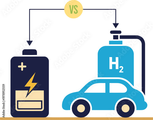 Illustrative comparison of battery vs. hydrogen fuel cell technology.  Highlights zero-gradation glow and small objects. Clean, modern design.