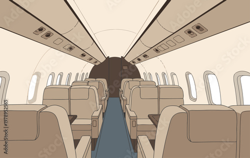 Interior view of a small airplane cabin featuring leather seats and a blue aisle. Clean, modern design. Suitable for travel, business, or aviation themes.