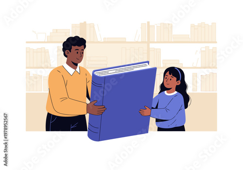 A young man and girl share a large education book, smiling and engaged. Warm colors and a bookshelf backdrop create a welcoming learning scene.